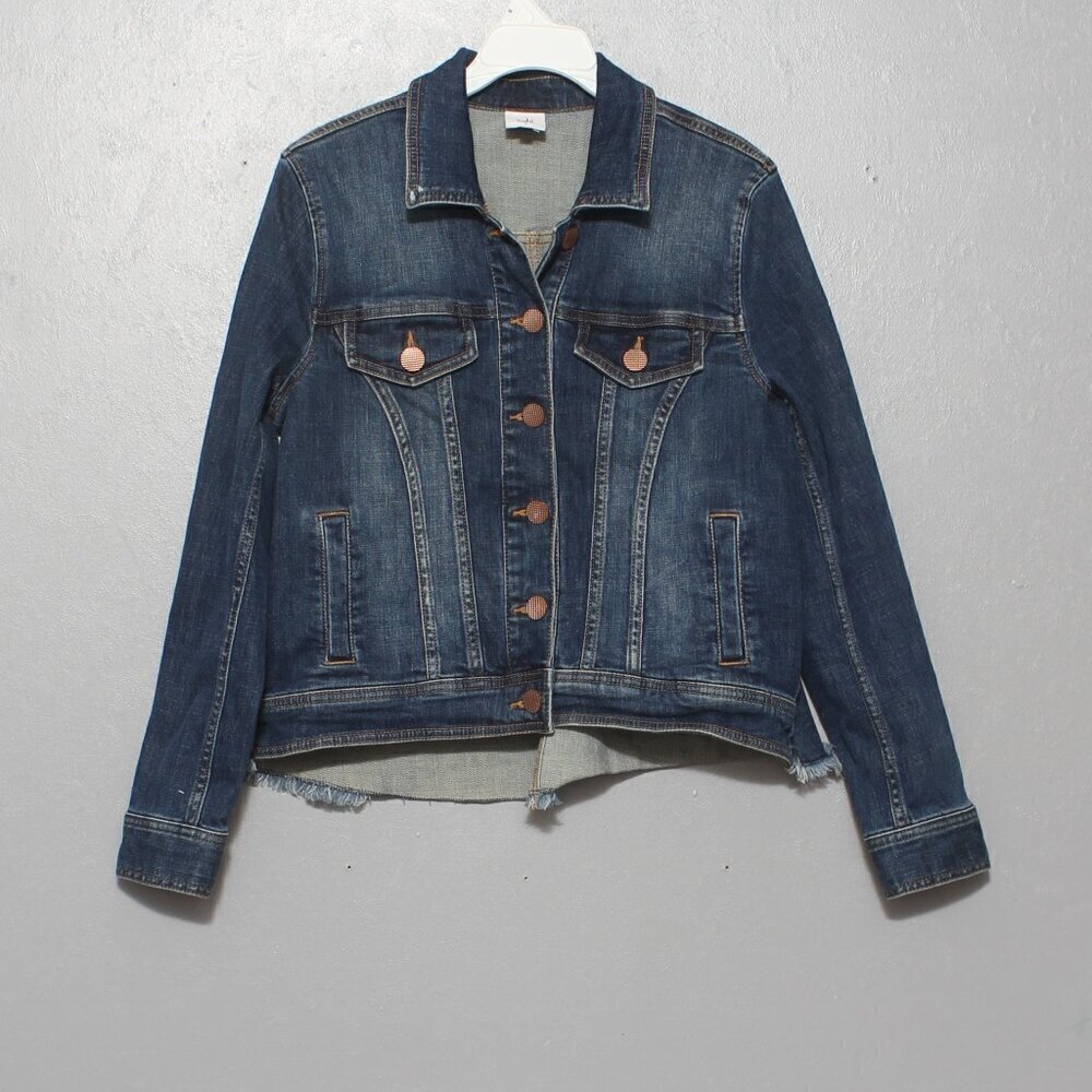 Cabi denim soft stretch raw hem dark wash jean jacket
